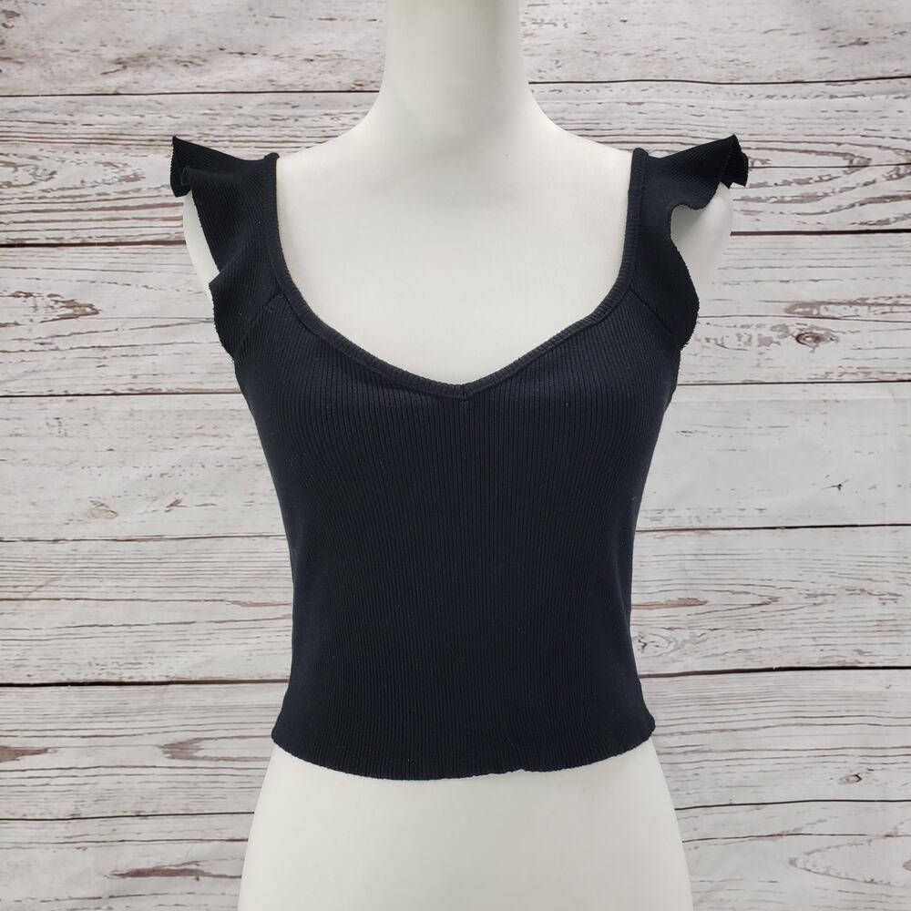 Lulus Women's Black Ribbed Stretch Ruffle Crop Top Size XL